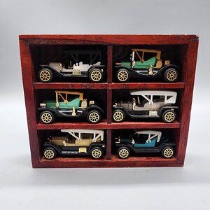 Vintage Diecast Model T Cars Set of 6 with Wooden Display Case Collectibles